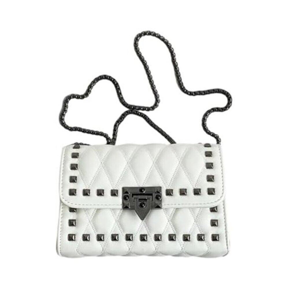 Women’s White Studded Punk Crossbody Bag Chain Strap Vegan Leather Purse - Picture 6 of 8